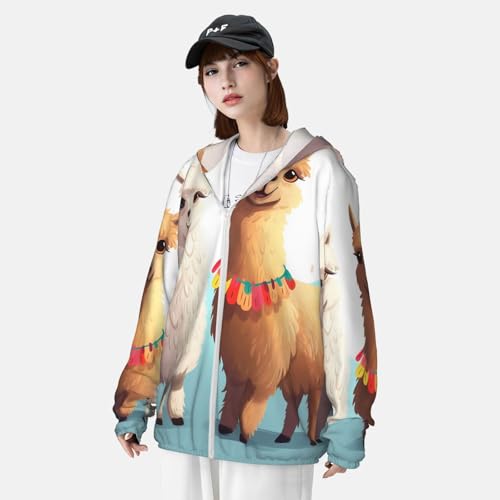 Women's UPF 50+ Sun Protection Jacket Zip Up Hoodie Rash Guard Llama Alpaca Long Sleeve Sun Shirt for Hiking Outdoor