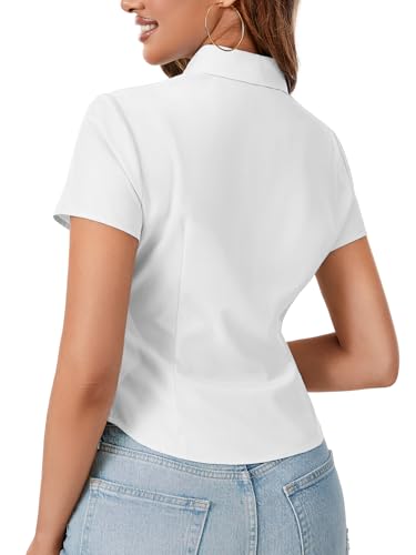 Women's Collared V Neck Button Down Ruched Slim Fit Short Sleeve Work Shirt Blouse