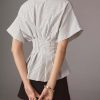 Striped Button Down Shirts for Women Short Sleeve Pleated Corset Blouse Casual Summer Peplum Dressy Tops