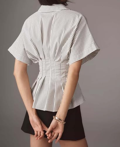 Striped Button Down Shirts for Women Short Sleeve Pleated Corset Blouse Casual Summer Peplum Dressy Tops