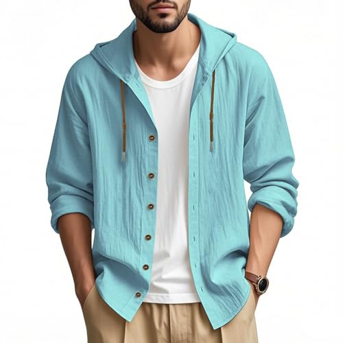 Men Cotton Linen Long Sleeve Button Down Shirt Summer Casual Hawaiian Beach Tops Lightweight Fashion Hoodies