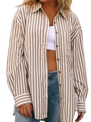 Womens Striped Button Down Shirt Casual Long Sleeve Blouse Top