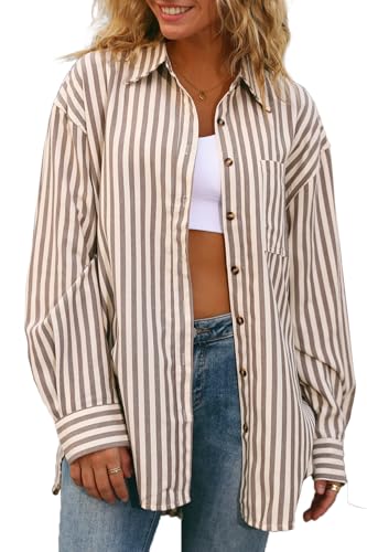 Womens Striped Button Down Shirt Casual Long Sleeve Blouse Top
