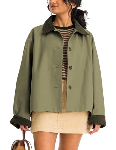 Womens Contrast Collar Jacket Casual Button Down Long Sleeves Crop Trench Coat Outerwear with Pockets