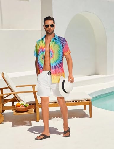 Vintage Shirts for Men Tie Dye Hippie Funny Hawaiian Shirt Button Down Shirts
