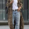 Women's Notch Lapel Leopard Print Duster Trench Coat Open Front Loose Faux Suede Mid Long Pea Coat