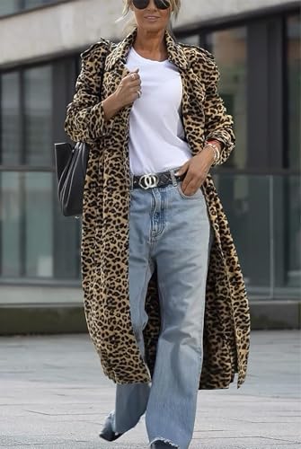 Women's Notch Lapel Leopard Print Duster Trench Coat Open Front Loose Faux Suede Mid Long Pea Coat