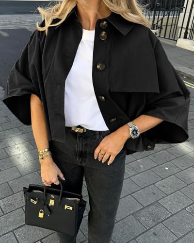 Womens Oversized Cropped Trench Coats Single Breasted 3/4 Cape Sleeve Trendy Casual Jackets Button up Outerwear
