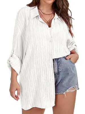 Women Plus Size Button Down Shirts Long Roll Up Sleeve V Neck Collared Casual Blouses Oversized Shirt Tops