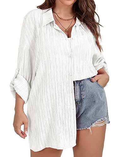 Women Plus Size Button Down Shirts Long Roll Up Sleeve V Neck Collared Casual Blouses Oversized Shirt Tops