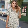 Cotton Linen Button Down Shirt for Women V Neck Collared Blouse Casual Short Sleeve Tops with Pocket