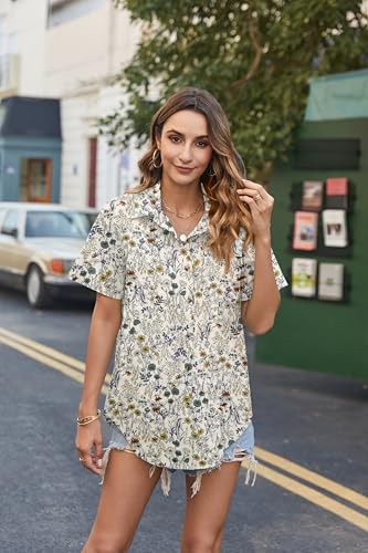 Cotton Linen Button Down Shirt for Women V Neck Collared Blouse Casual Short Sleeve Tops with Pocket