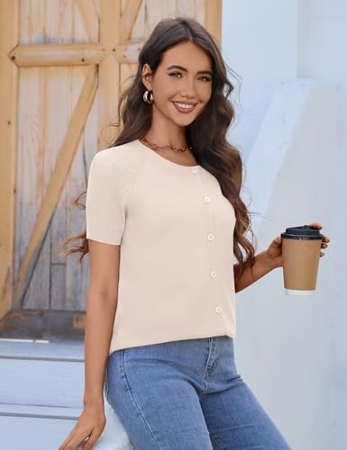 Women's 2025 Short Sleeve Cardigan Button Up Hollowed Out Crewneck Shrug Sweaters Knit Sweater Tops Lightweight