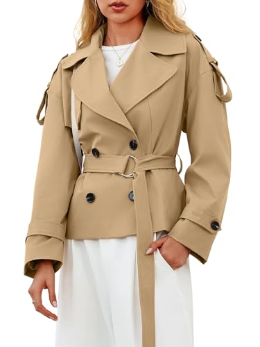 Womens Cropped Trench Coat Casual Double Breasted Short Jacket Fall Fashion Outerwear with Belt