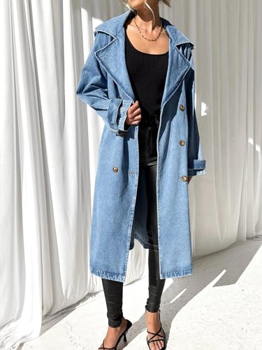 Women's Long Double Breasted Denim Jacket Oversized Button Down Maxi Jean Coat Classic Lapel Outercoat