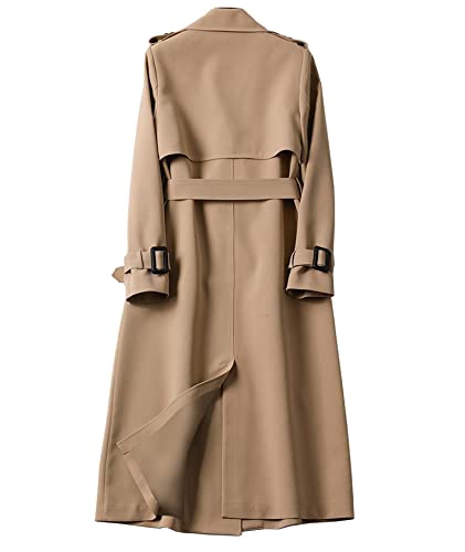 Women's Double Breasted Long Trench Coat Belted Notch Lapel Overcoat Windproof Classic Outerwear