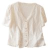 Women's Floral Embroidered Button Down Blouse Frill Trim Short Puff Sleeve V Neck Vacation Shirts