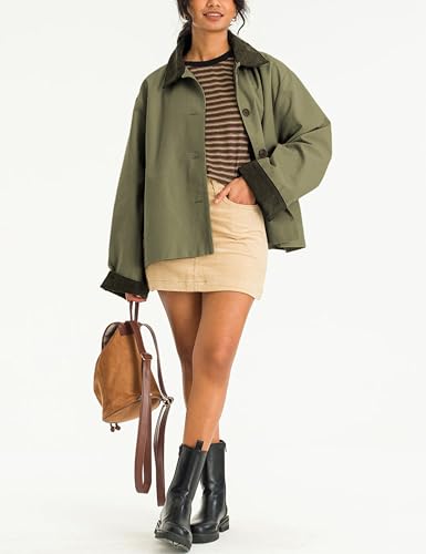 Womens Contrast Collar Jacket Casual Button Down Long Sleeves Crop Trench Coat Outerwear with Pockets