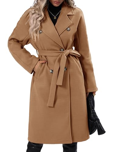 Women Elegant Wool Pea Coat Lapel Collar Double Breasted Mid-Long Winter Overcoats with Belted Pockets