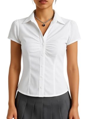 Women's Pleated Bust Button Down Shirt Tie Back Fitted Short Sleeve Blouse Casual Tops