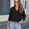 Womens Button Down Cropped Shirts Long Sleeve V Neck Solid Tops Casual Collared Blouse with Chest Pocket XS-XXL