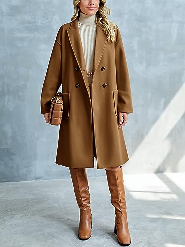 Womens Lapel Peacoat Winter Double-Breasted Outerwear Mid Long Jacket Casual Trench Coat