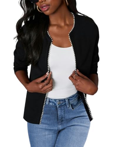 Women Lightweight Open Front Sweater Cardigan Pearls Trim Knit Jacket Trendy Long Sleeve Clothes Coatigan