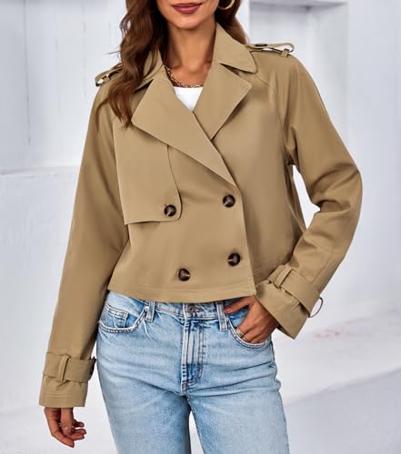 Womens Cropped Trench Coat Lapel Double Breasted Short Jacket Outwear