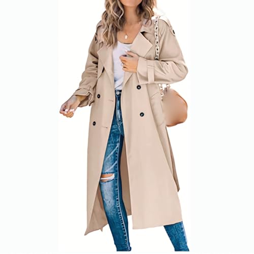 Womens Casual Notched Lapel Double Breasted Trench Coats Classic Fashion Long Jacket Slim Windbreaker Overcoat