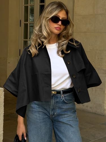 Womens Oversized Cropped Trench Coats Single Breasted 3/4 Cape Sleeve Trendy Casual Jackets Button up Outerwear