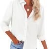 Womens Button Down Shirts Cotton Linen Long Sleeve Dress Shirts Casual Summer Tops Work Blouses with Pockets