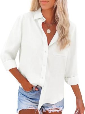Womens Button Down Shirts Cotton Linen Long Sleeve Dress Shirts Casual Summer Tops Work Blouses with Pockets