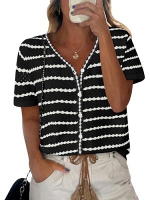 Women's Short Sleeve Sweater Spring Summer Crochet Knit Tops 2025 V Neck Striped Button Down Dressy Casual Blouses