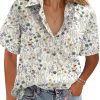 Cotton Linen Button Down Shirt for Women V Neck Collared Blouse Casual Short Sleeve Tops with Pocket