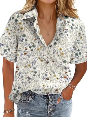 Cotton Linen Button Down Shirt for Women V Neck Collared Blouse Casual Short Sleeve Tops with Pocket