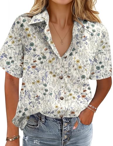 Cotton Linen Button Down Shirt for Women V Neck Collared Blouse Casual Short Sleeve Tops with Pocket