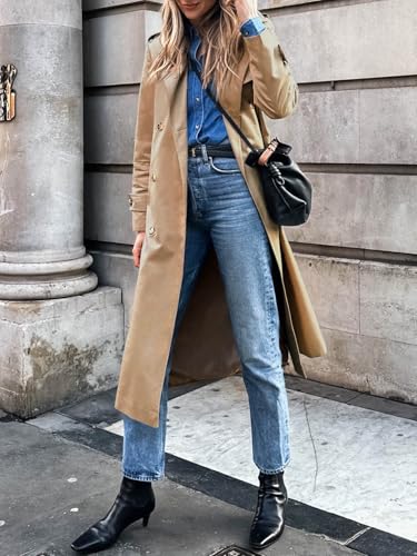 Womens Long Trench Coat Double Breasted Classic Lapel Fall Overcoat with Belt