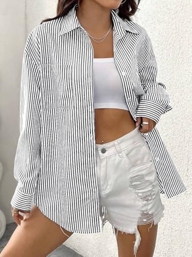 Womens Button Down Shirts Stripe Long Sleeve Blouse Casual Work Office Shirt Oversize Tops