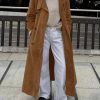 Womens Long Trench Coat Fall Faux Suede Jackets Double Breasted Lapel Pea Coat with Belt