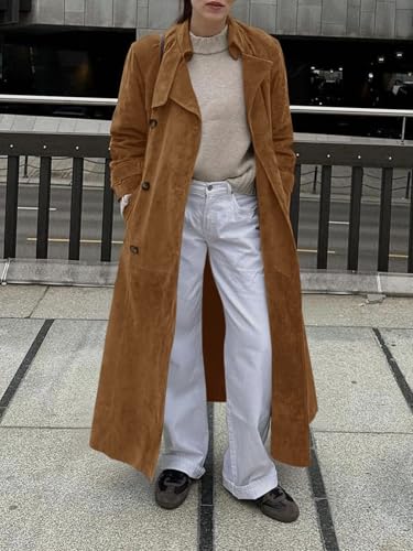 Womens Long Trench Coat Fall Faux Suede Jackets Double Breasted Lapel Pea Coat with Belt