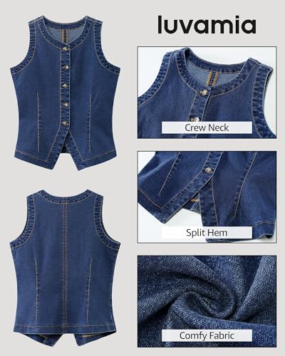 Denim Vest for Women Sleeveless Strechy Jean Vest Top Button Down Crewneck Casual Summer Western Waistcoat