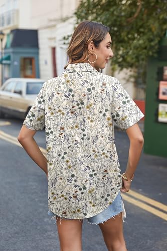 Cotton Linen Button Down Shirt for Women V Neck Collared Blouse Casual Short Sleeve Tops with Pocket