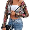 Women's Floral Embroidered Open Front Crop Jackets Long Sleeve Mesh Summer Cardigan Tops