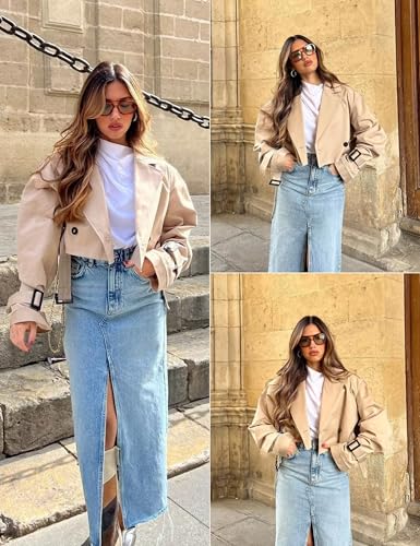 Womens Cropped Bike Jacket Casual Double Breasted Trench Coat with Belt