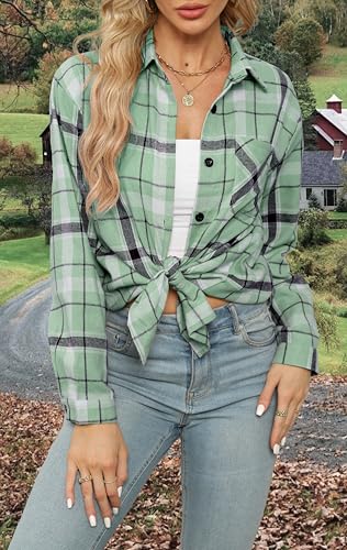 Womens Buffalo Plaid Flannel Shirt Long Sleeve Collar Button Down Blouses Lightweight Tops (S-2XL)