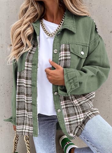 Womens Oversized Denim Jacket Casual Long Sleeve Button Down Plaid Shacket Boyfriend Jean Jacket With Pockets