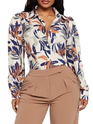 Women's Printed Button Down Shirts Long Sleeve Blouse with Classic Collar, Casual and Office Wear Tops