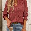 Women's Fall Fashion Long Sleeve Shirts Button Down Dressy Casual Blouses V Neck Eyelet Embroidery Hollow Out Tops