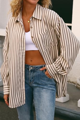 Womens Striped Button Down Shirt Casual Long Sleeve Blouse Top