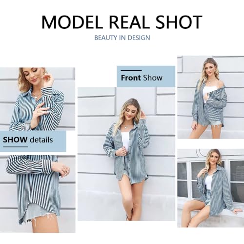 Womens Waffle Knit Button Down Shirt Stripe Long Sleeve Casual Blouses Tops